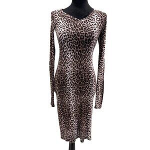 BCBGMAXAZRIA Leopard Long Sleeve Midi Dress V Neck Womens S Jersey Thin Fitted‎